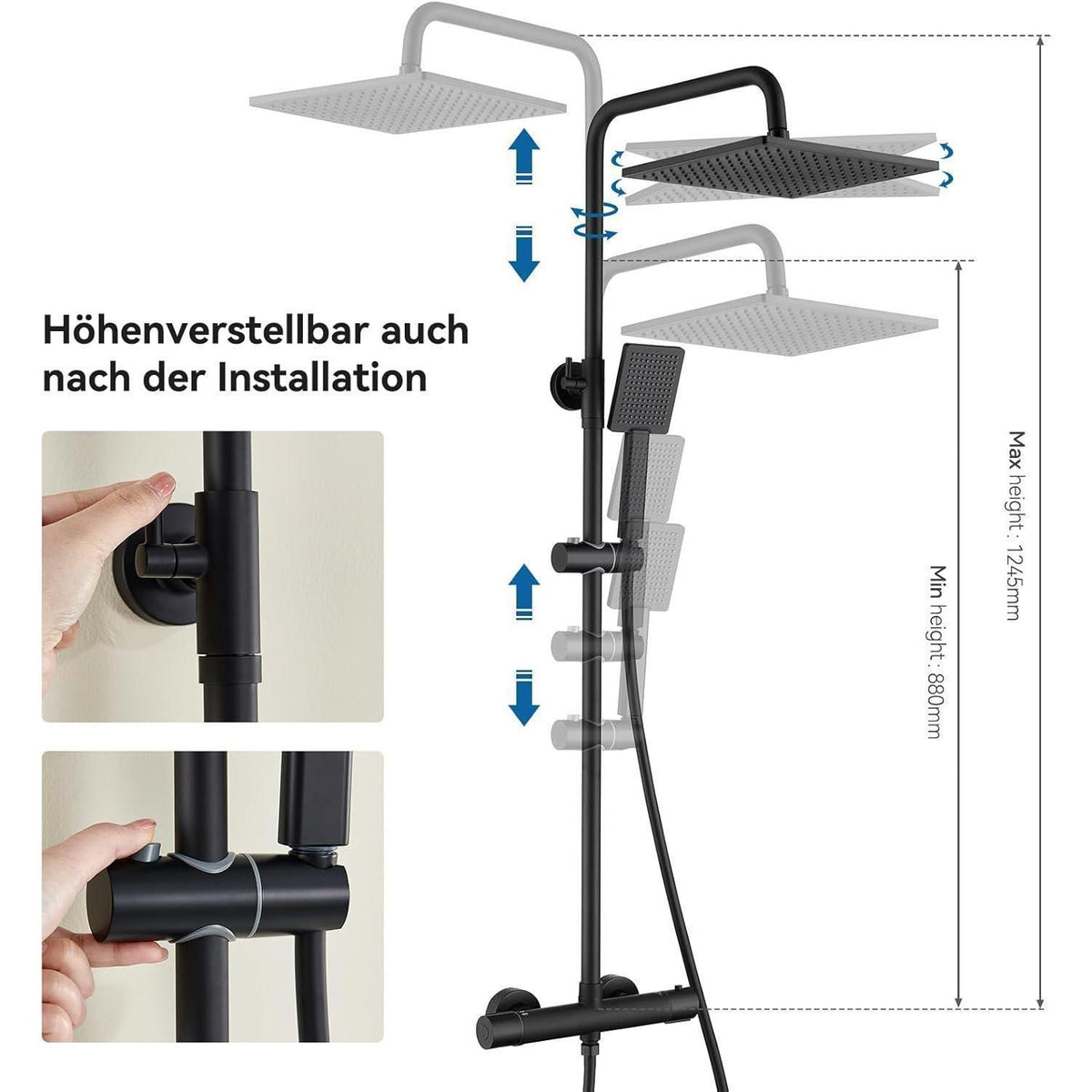 Duschsystem mit Thermostat, Regendusche Schwarz 25x25cm