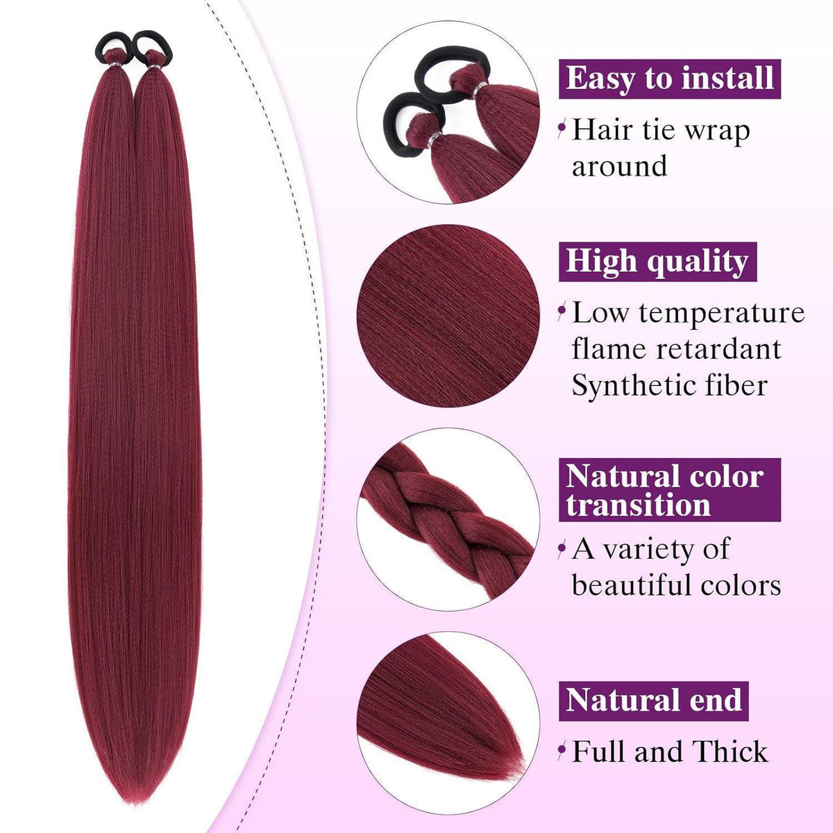 Ombre Zopfverlängerung 66cm – Weinrot, 2er Pack
