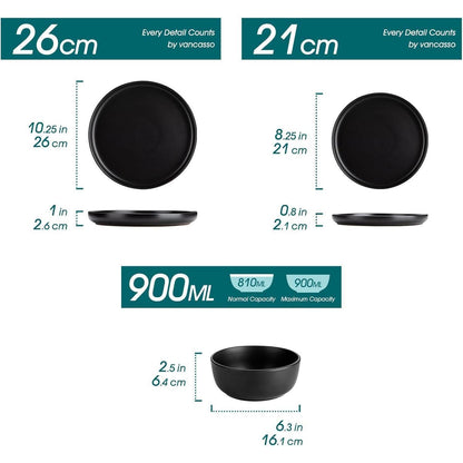 Steingut Geschirrset 12tlg für 4 Personen, Schwarz