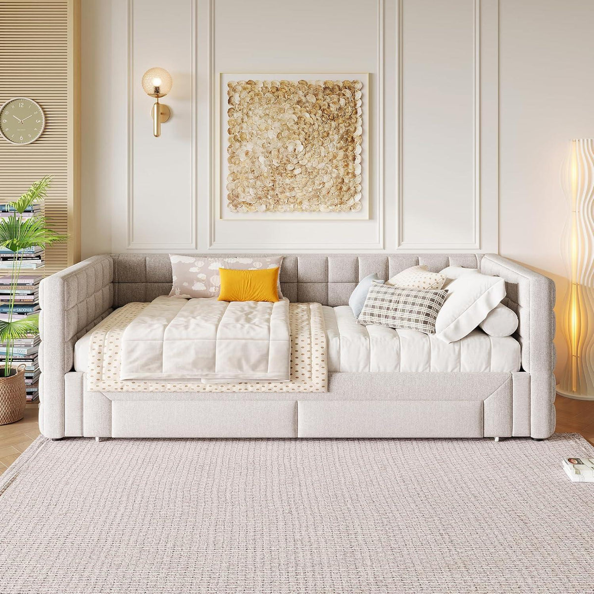 Tagesbett 90x200cm mit Bettkasten & Schubladen (Beige)