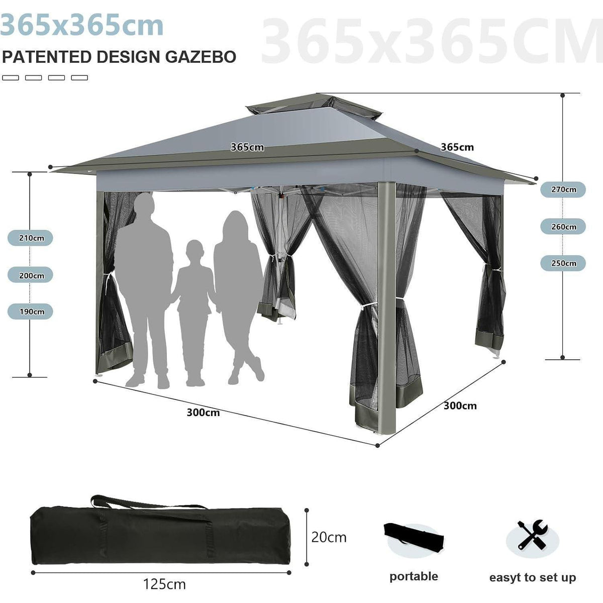 3x3 Pop Up Pavillon wasserdicht mit Moskitonetz & Seitenwänden
