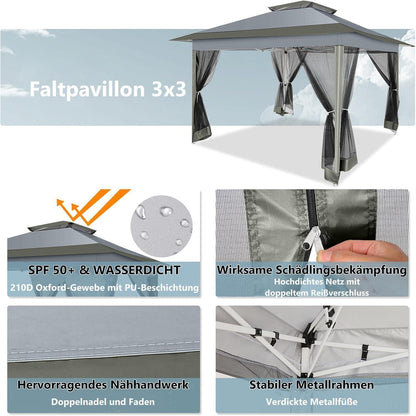 3x3 Pop Up Pavillon wasserdicht mit Moskitonetz & Seitenwänden