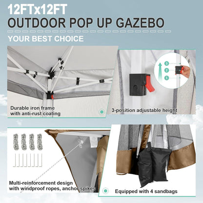 3x3 Pop-Up Pavillon wasserdicht mit Moskitonetz & Seitenwänden