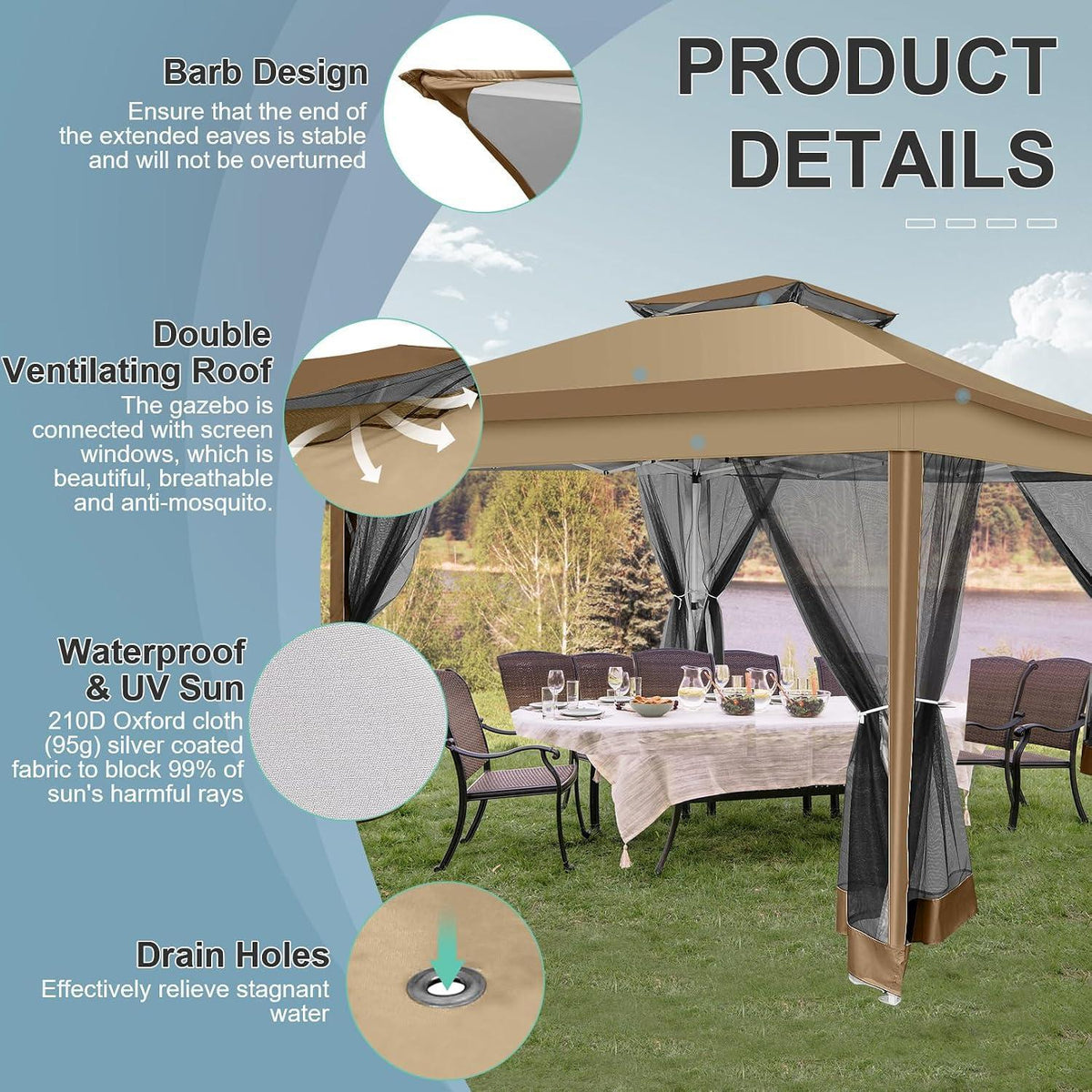 3x3 Pop-Up Pavillon wasserdicht mit Moskitonetz & Seitenwänden