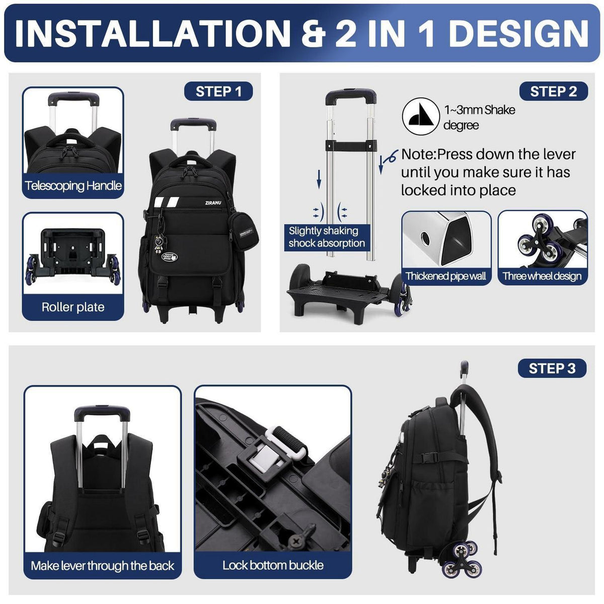 3er-Set Schulranzen mit Rollen – Trolley Rucksack für Kinder