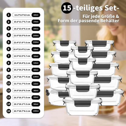 Glas Meal Prep Boxen 15er Set, Mikrowellenfest, Auslaufsicher, Schwarz