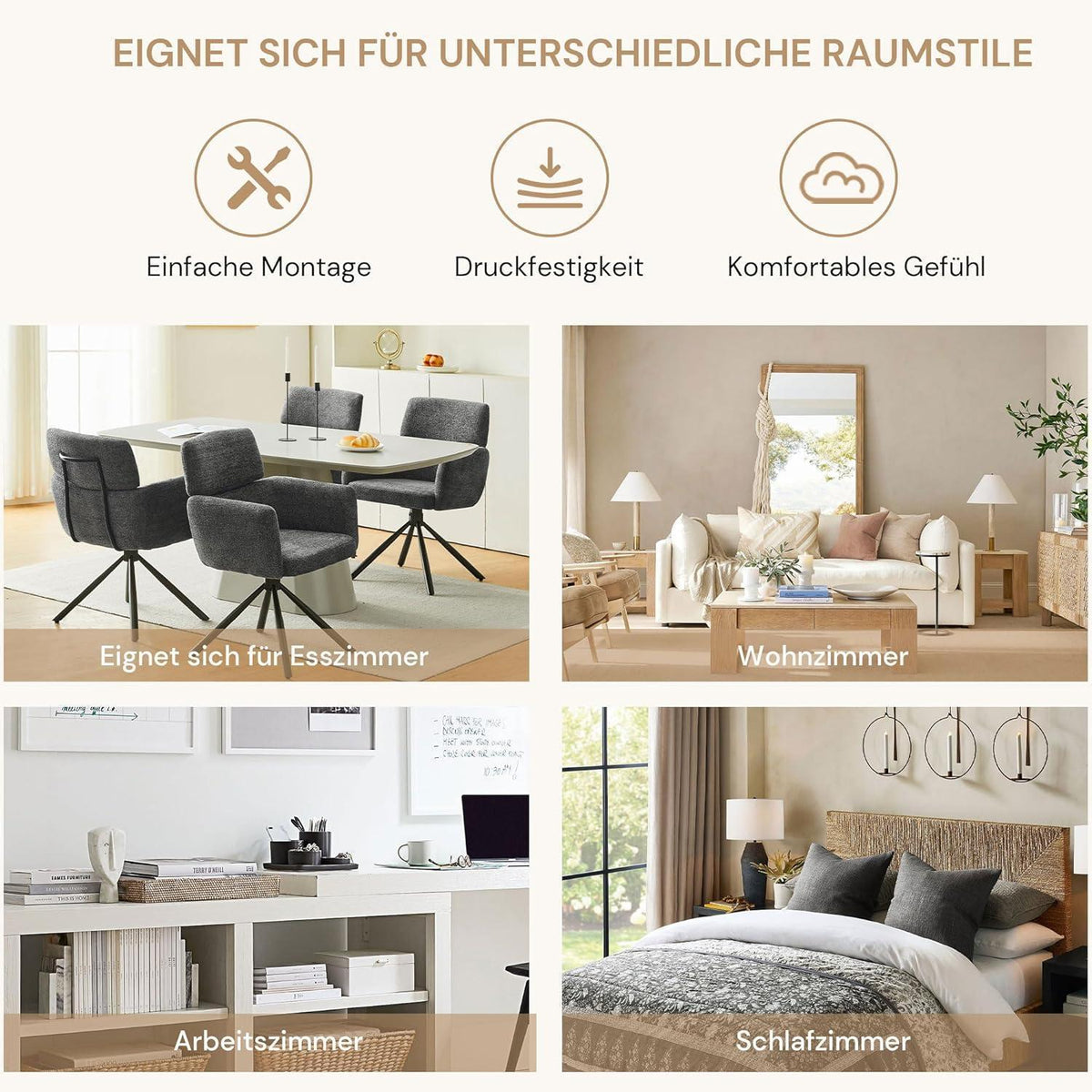 Drehbarer Esszimmerstuhl mit Armlehnen – Grau