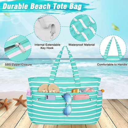 XXL Strandtasche mit 13 Taschen, wasserdicht, faltbar, grün gestreift