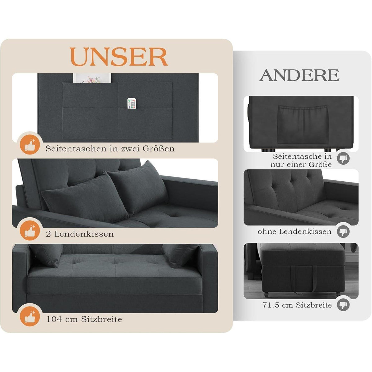 Schlafsofa 186x122cm mit verstellbarer Rückenlehne & Stauraum