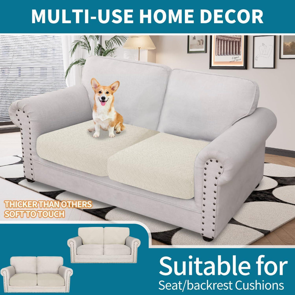 Stretch Sofa Sitzkissenbezug 2er Set CremeWeiß