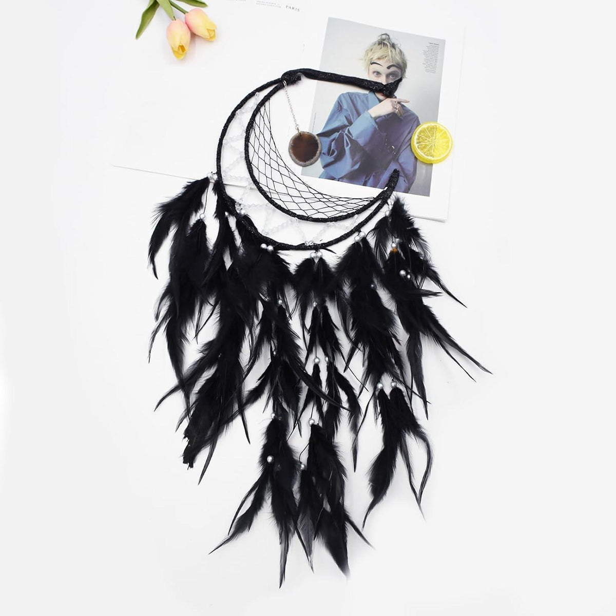 Traumfänger Feder Boho Wandbehang Schwarz - Handgefertigter Traumfänger