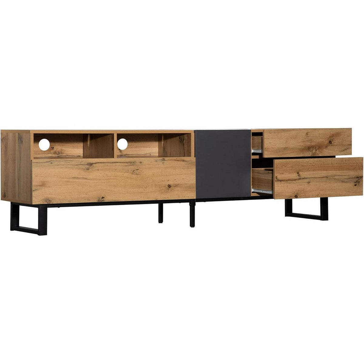TV Lowboard 180cm mit 2 Schubladen – Schwarz & Holzoptik