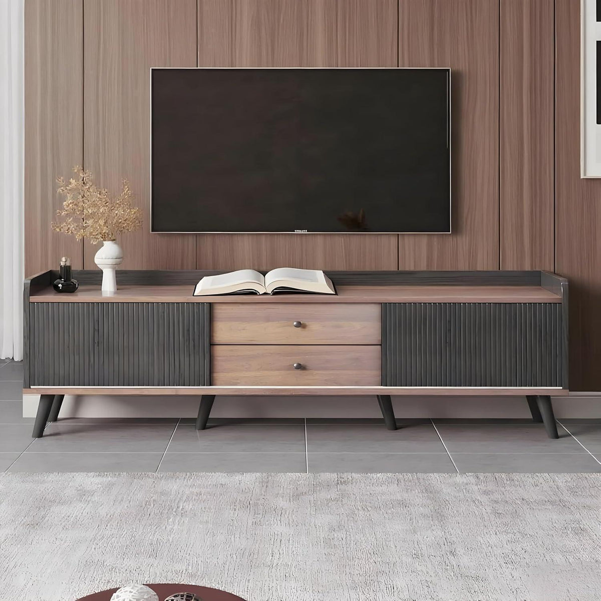 Schwarzer TV Schrank mit Schiebetür & 2 Schubladen (160x40x58cm)