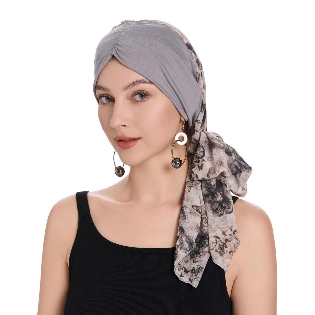 Damen Turban Kopftuch Schmetterling Hellgrau