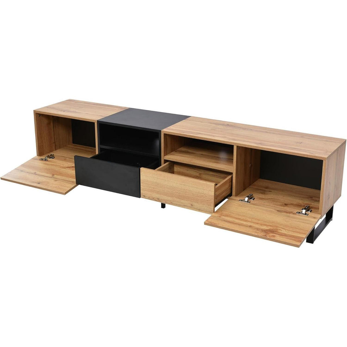 TV Lowboard Schwarz & Holz – 190x38x48cm mit 2 Türen & Schubladen