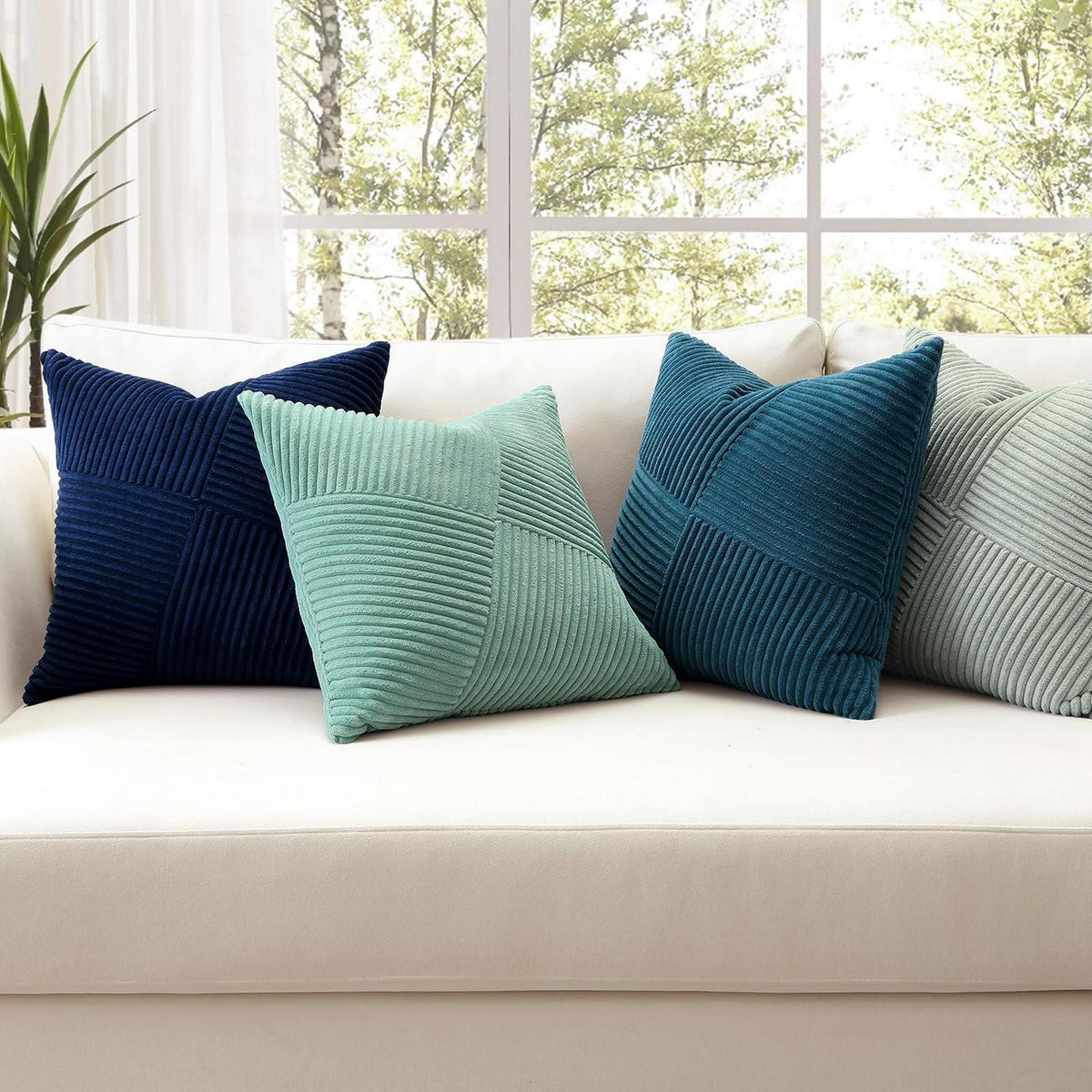 Cord Kissenbezug 50x50 cm, Blau gestreift, 4er Set