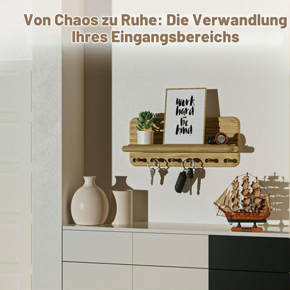 Schlüsselbrett Holz mit Ablage und 6 Haken