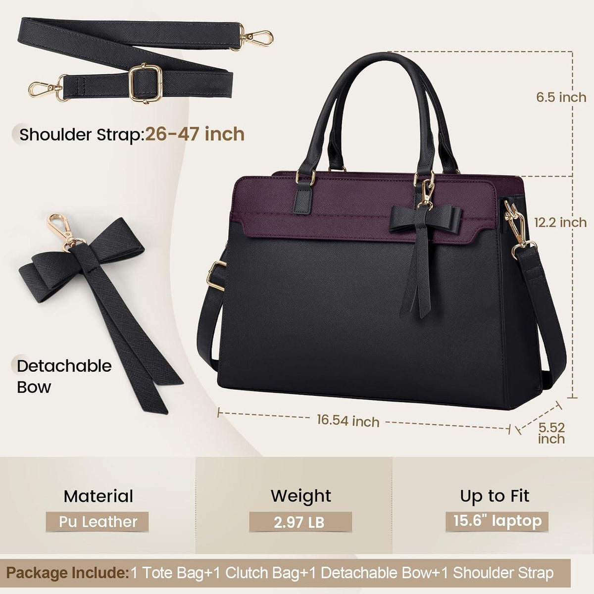 RAINSMORE Shopper Damen Laptoptasche 15.6 Zoll Wasserdicht Set Schwarz+Lila in Lederoptik
