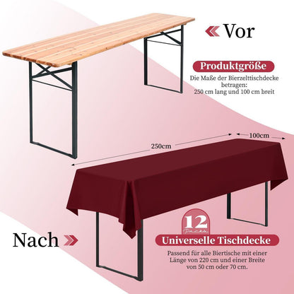 12x Biertisch Tischdecke Burgund – 250x100 cm, Waschbar & Pflegeleicht