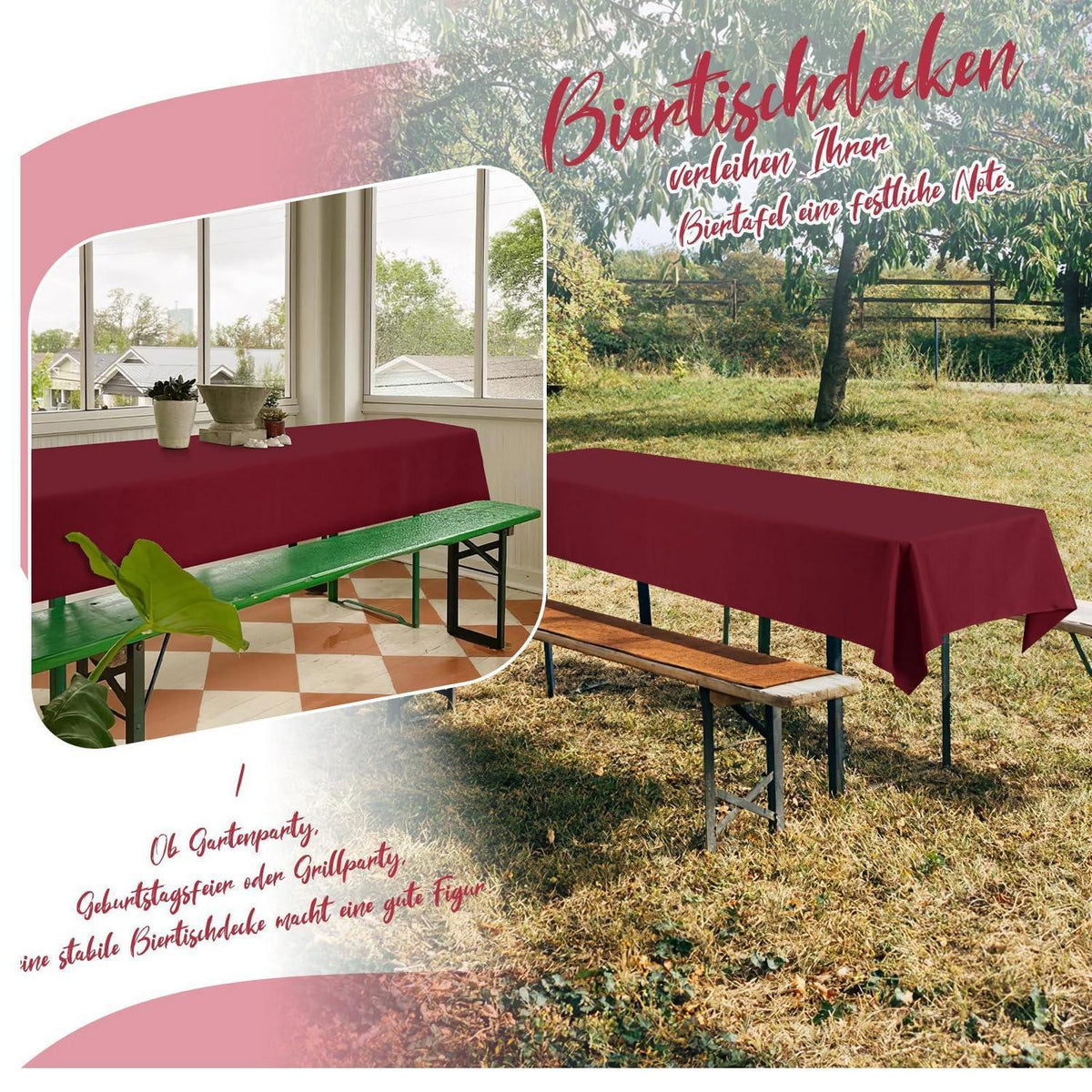 12x Biertisch Tischdecke Burgund – 250x100 cm, Waschbar & Pflegeleicht