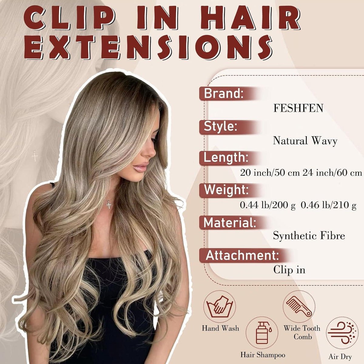 Clip-in Haarverlängerung Wellig, 50cm – Schwarz Braun