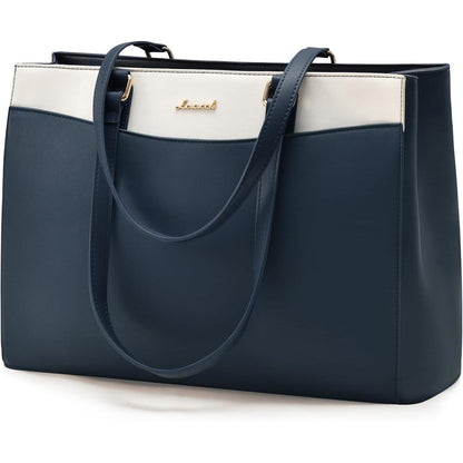 Laptoptasche Damen 15,6 Zoll, Elegante Arbeitstasche mit Laptopfach, Dunkelblau+beige