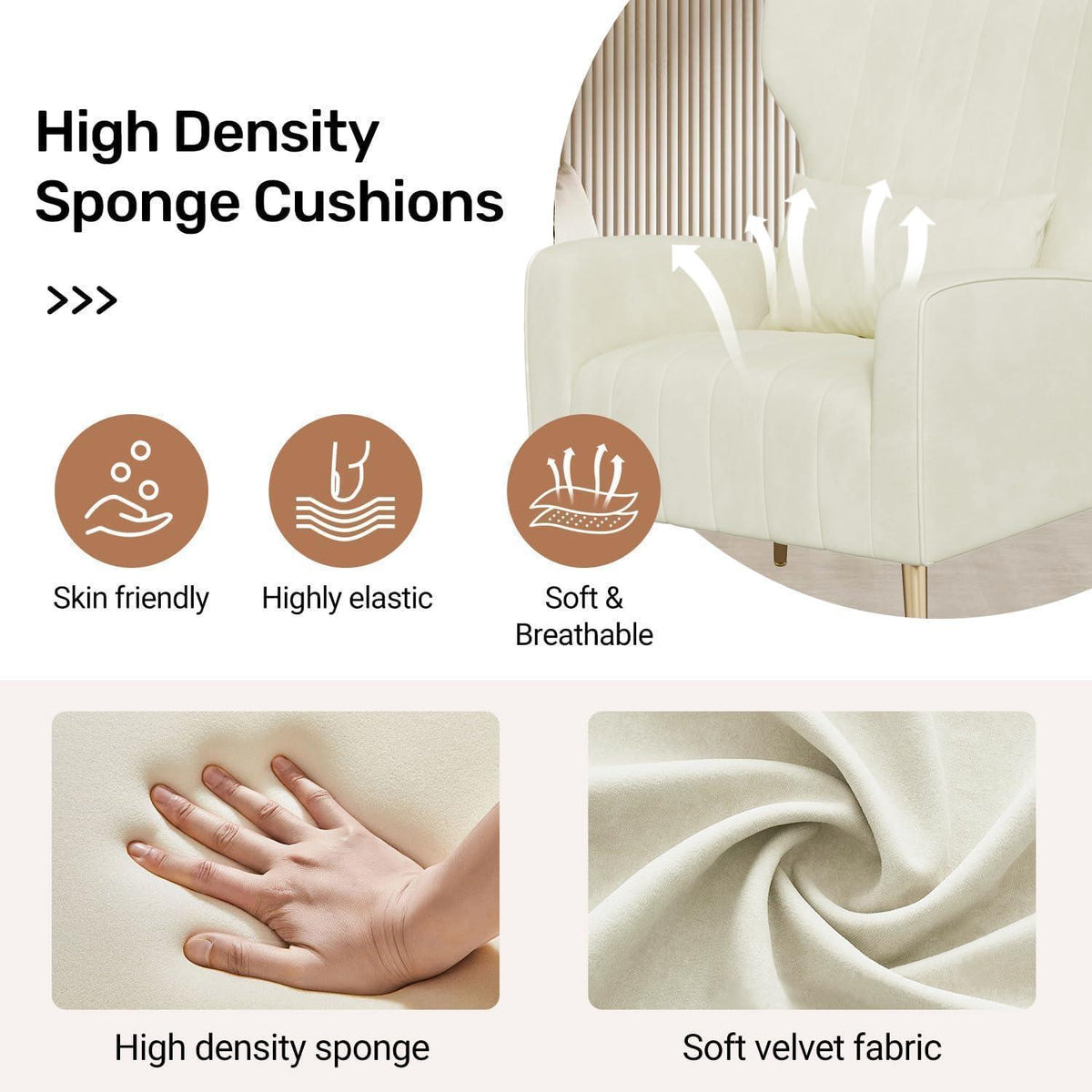 Samt Ohrensessel mit Kopfkissen & Goldfüßen – Beige