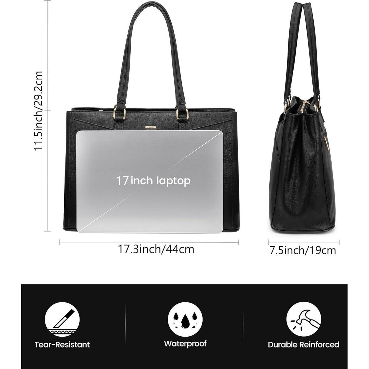 Laptoptasche Damen 17 Zoll, Wasserdichte Arbeitstasche mit vielen Fächern, Schwarz