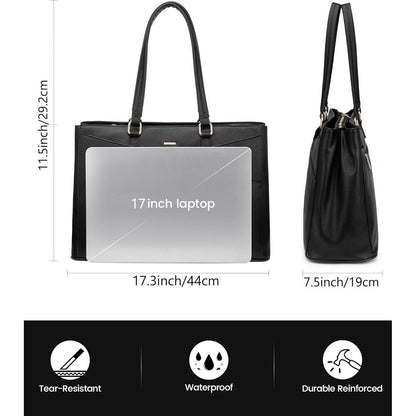 Laptoptasche Damen 17 Zoll, Wasserdichte Arbeitstasche mit vielen Fächern, Schwarz