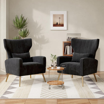 Relaxsessel 2er-Set mit Kopfkissen & Goldfüßen, Schwarz