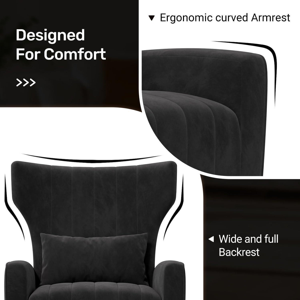 Relaxsessel 2er-Set mit Kopfkissen & Goldfüßen, Schwarz