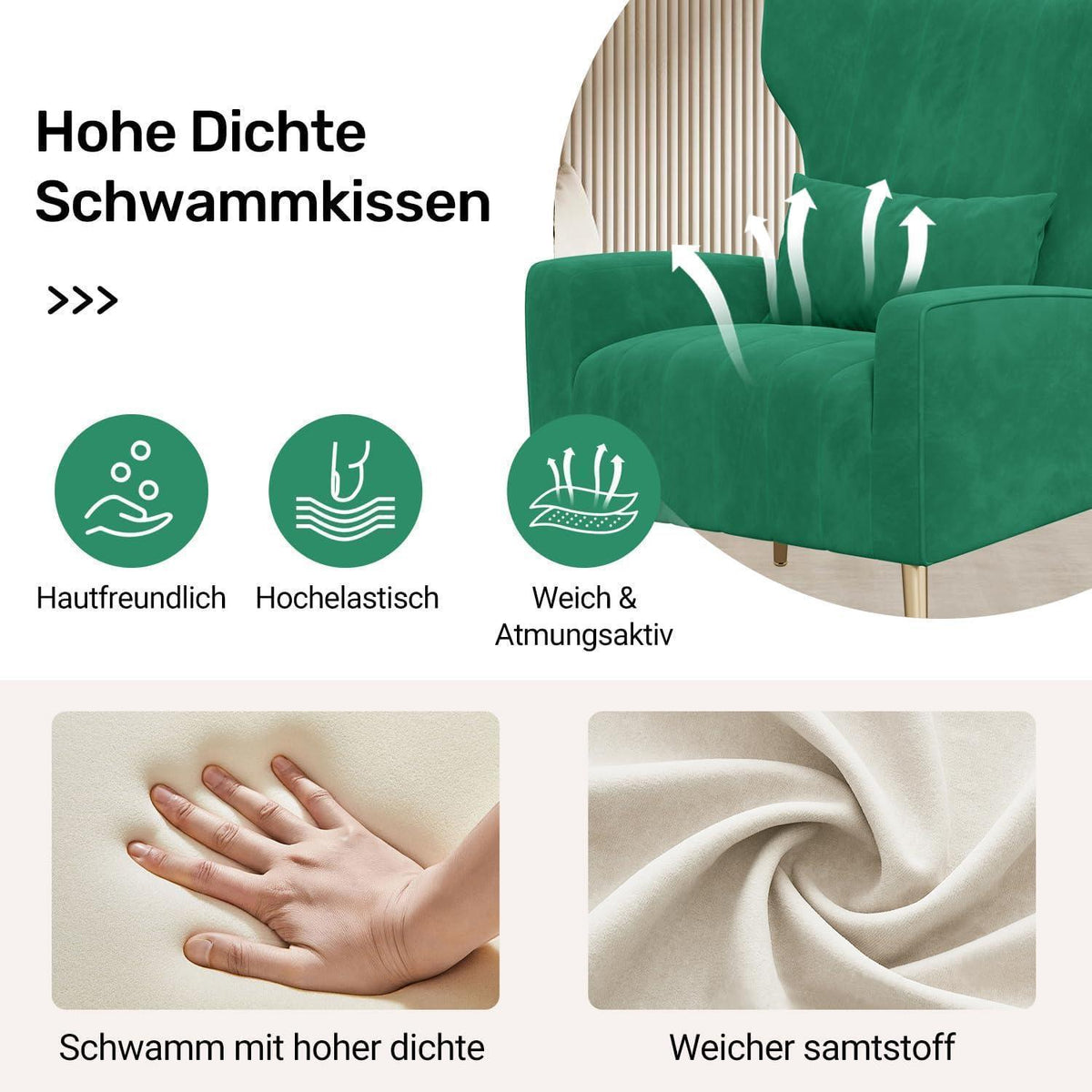 Samt Relaxsessel mit Kopfkissen & Goldfüßen – Grün