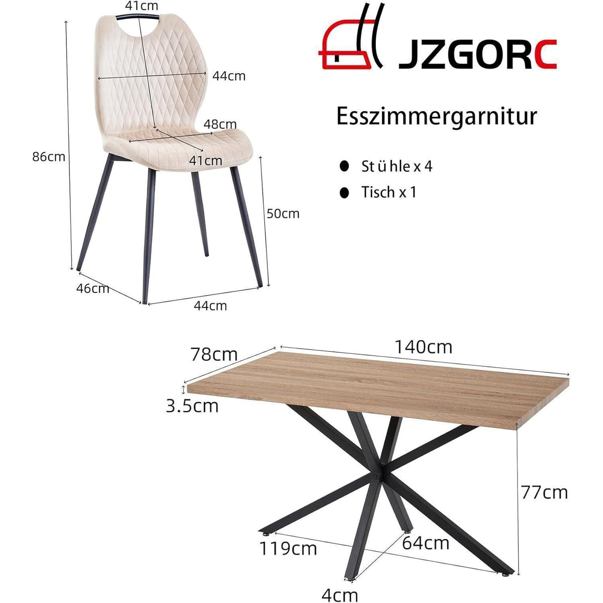 Esstisch Set 140x78cm mit 4 Esszimmerstühlen, Beige & Hellbraun