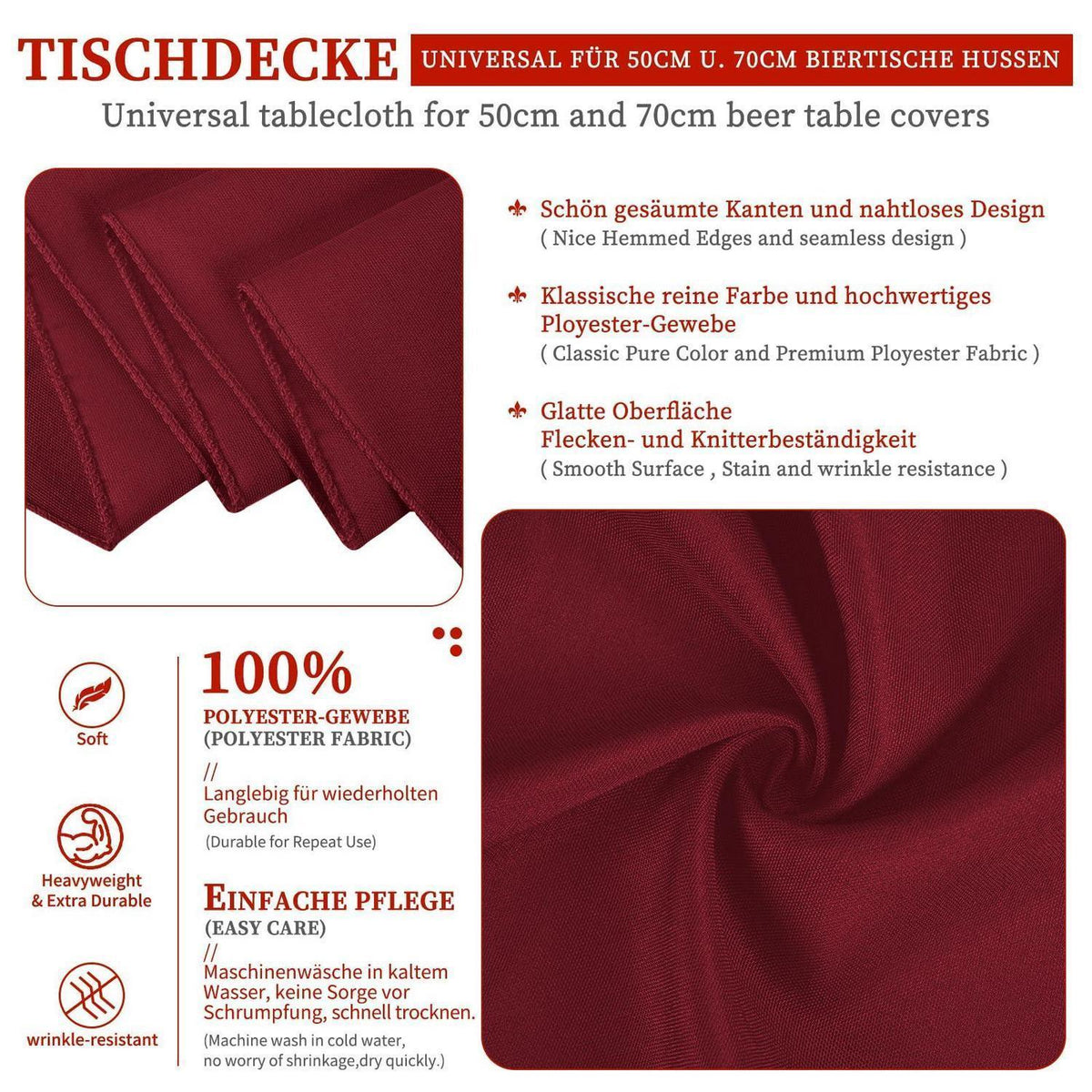 Biertisch Tischdecke 10er-Pack Bordeauxrot 250x100cm Waschbar