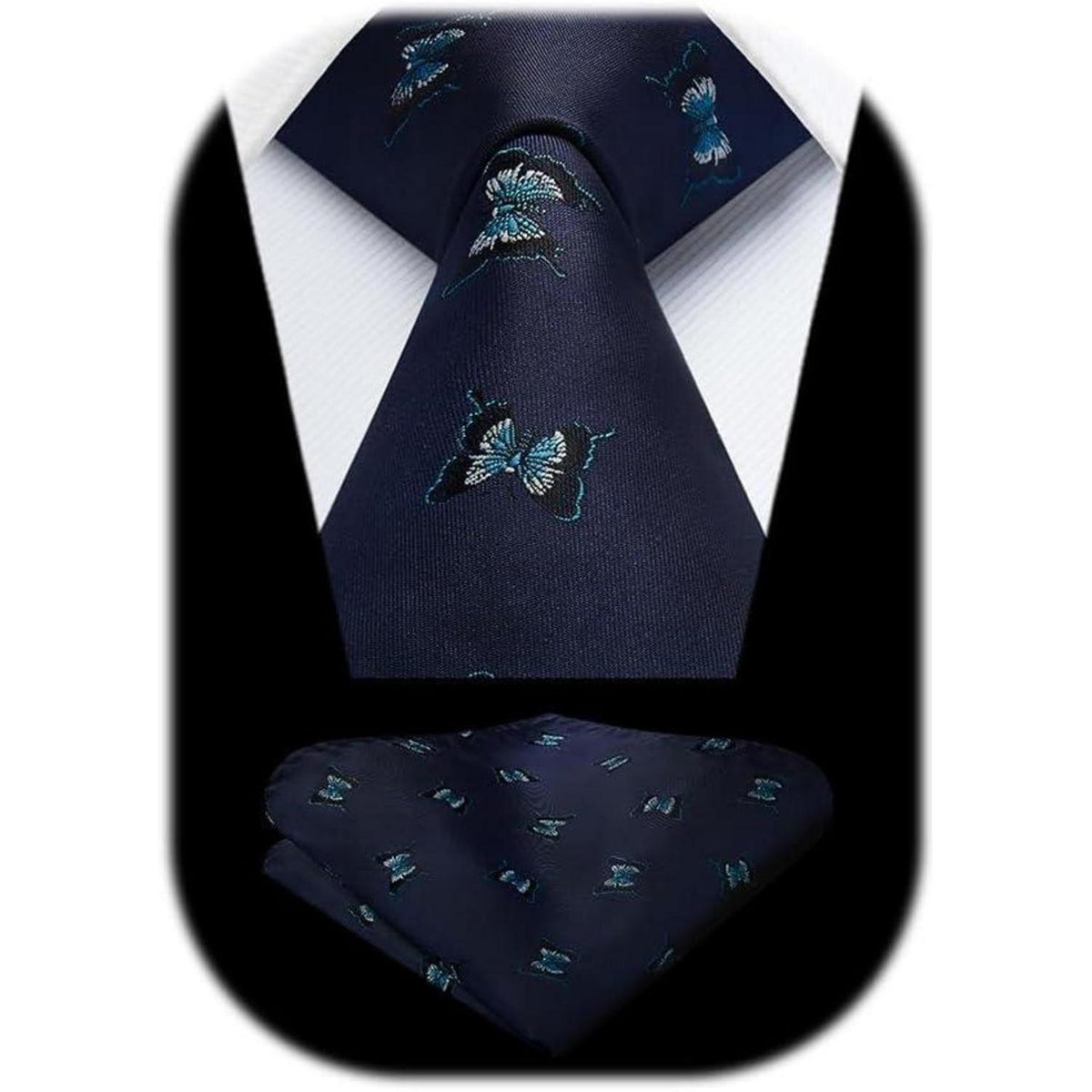Herren Krawatten Set mit Tiermuster und Einstecktuch, Navy Blau