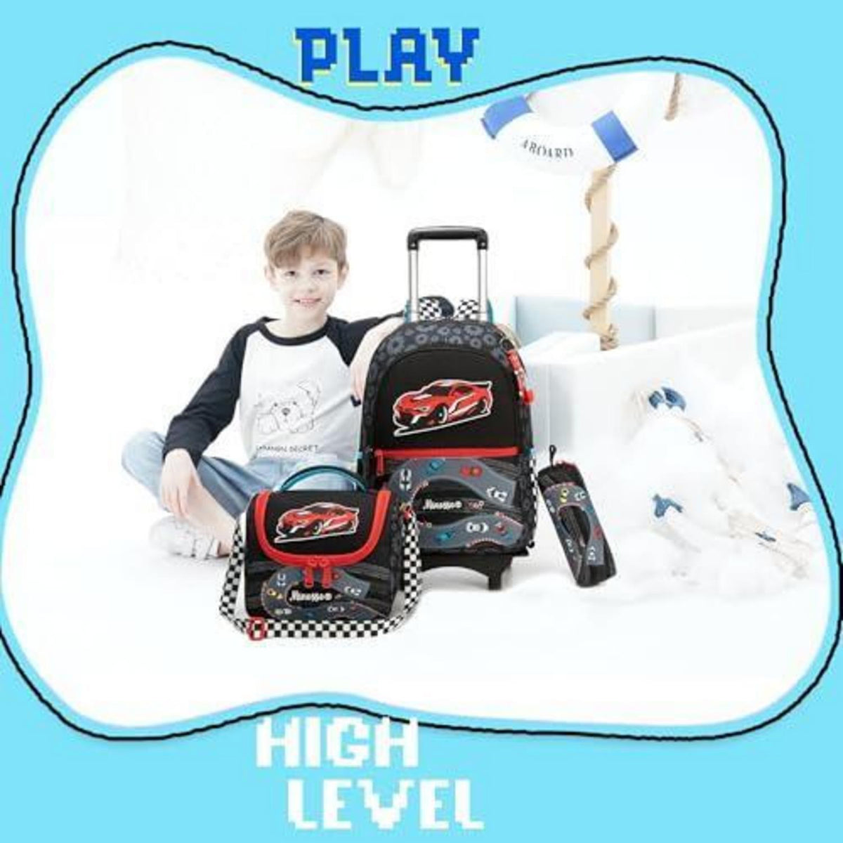 Schulranzen Trolley 3tlg. Set für Jungen – Rucksack, Lunchtasche, Federmäppchen Schwarz