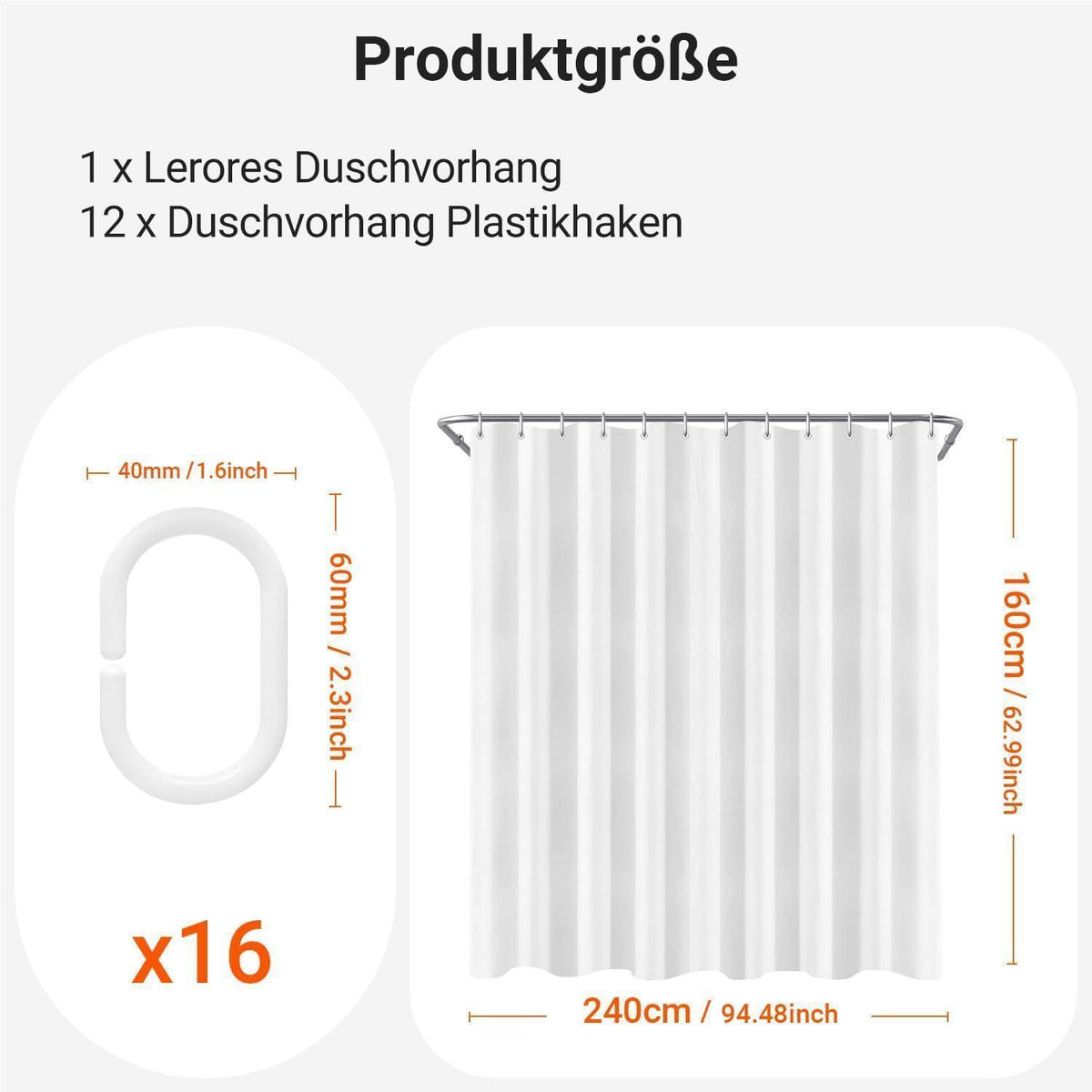 Duschvorhang 240x160 cm Reinweiß, Beschwerter Saum, Wasserabweisend