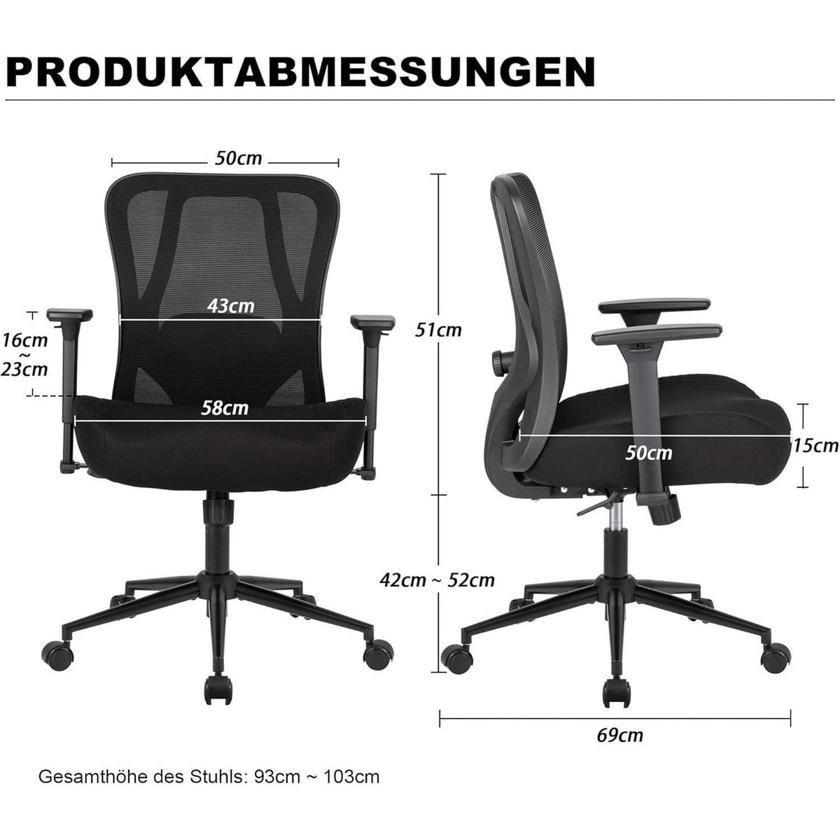 Ergonomischer Bürostuhl 230kg, Lendenwirbelstütze, Netzrücken, Schwarz
