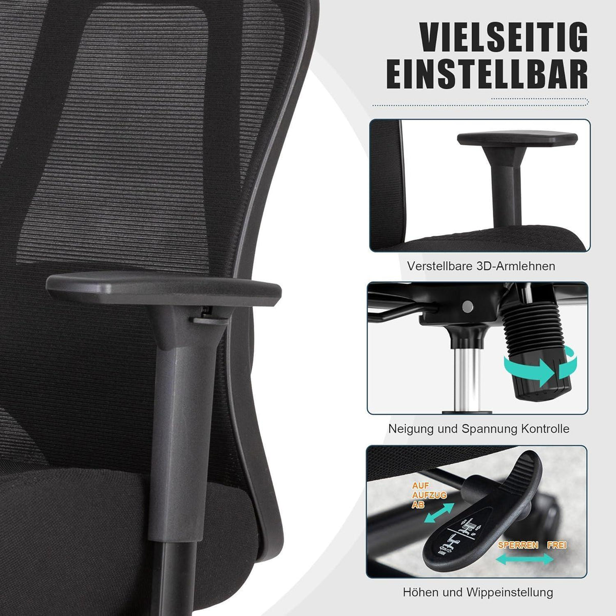 Ergonomischer Bürostuhl 230kg, Lendenwirbelstütze, Netzrücken, Schwarz