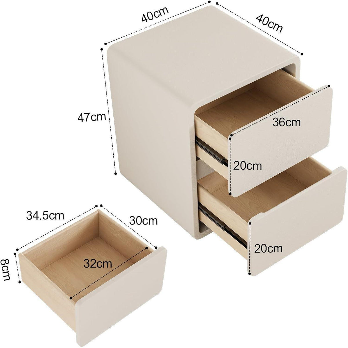 Nachttisch Schmal Weiß mit 2 Schubladen, Massivholz, Montagefrei