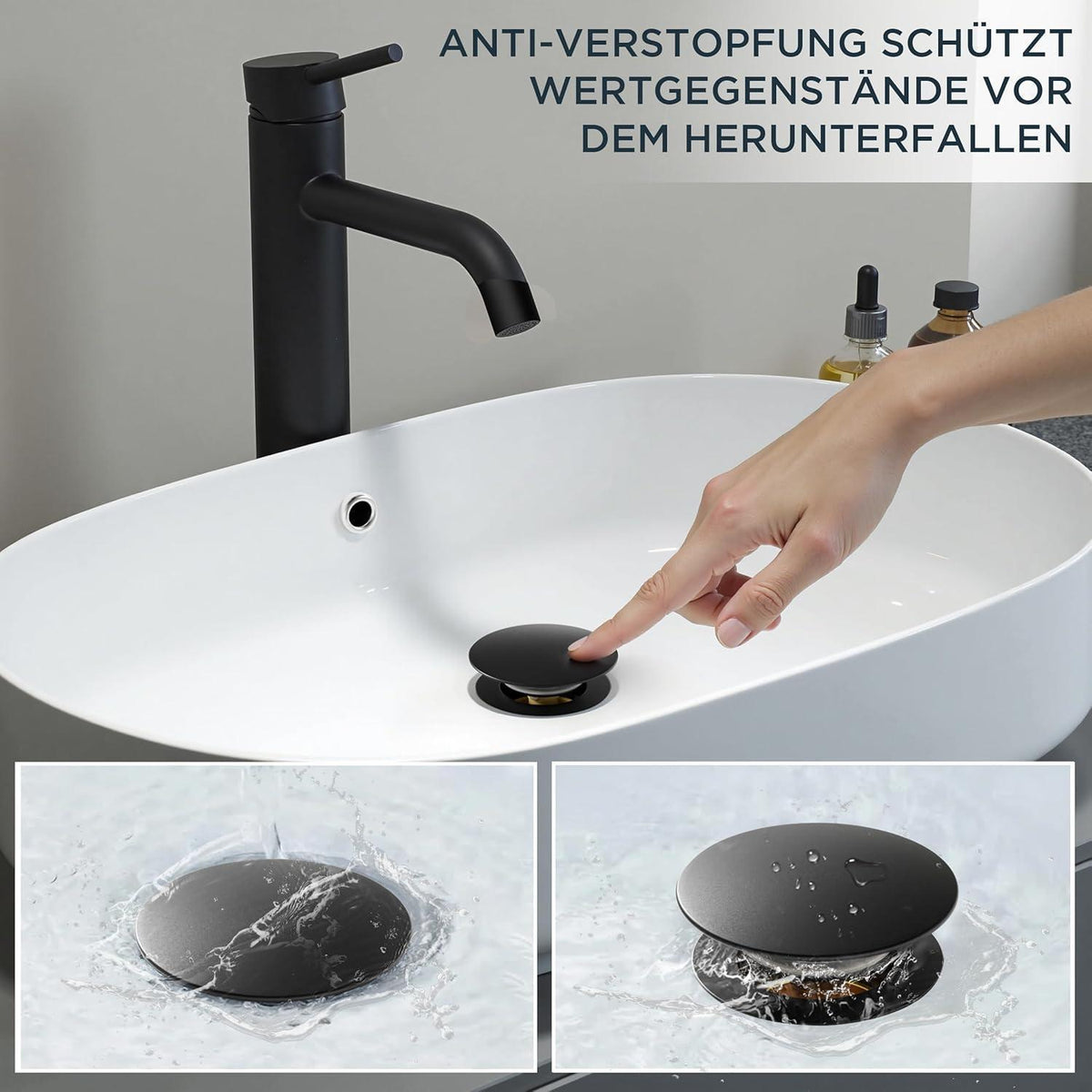 Waschtischarmatur Schwarz Matt mit Ablaufgarnitur, 190mm Auslaufhöhe