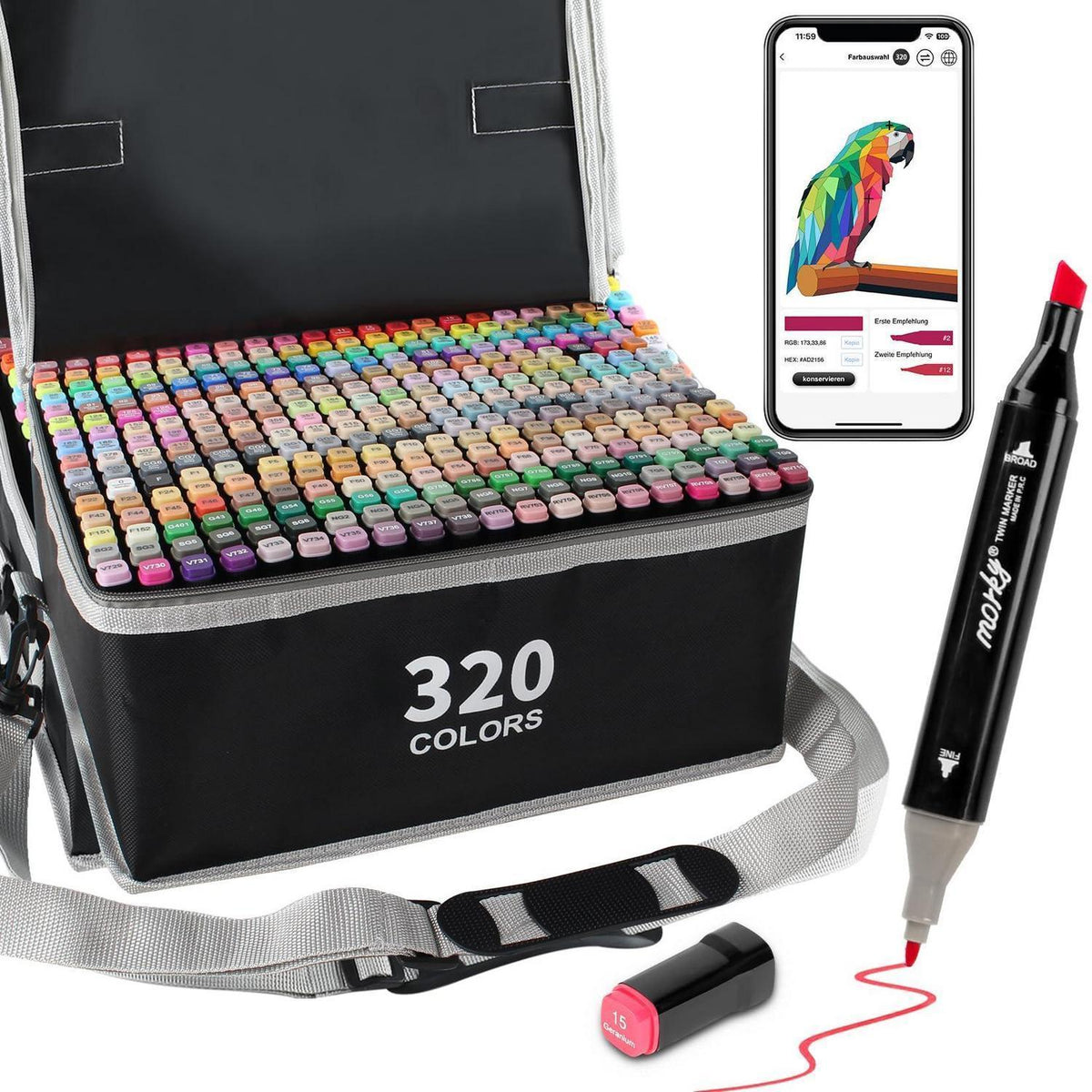 320er Alkohol Marker Set mit App | Doppelspitze & Farbkarte