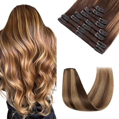 Clip-in Haarverlängerung Echthaar 40cm Dunkelbraun/Mittelbraun