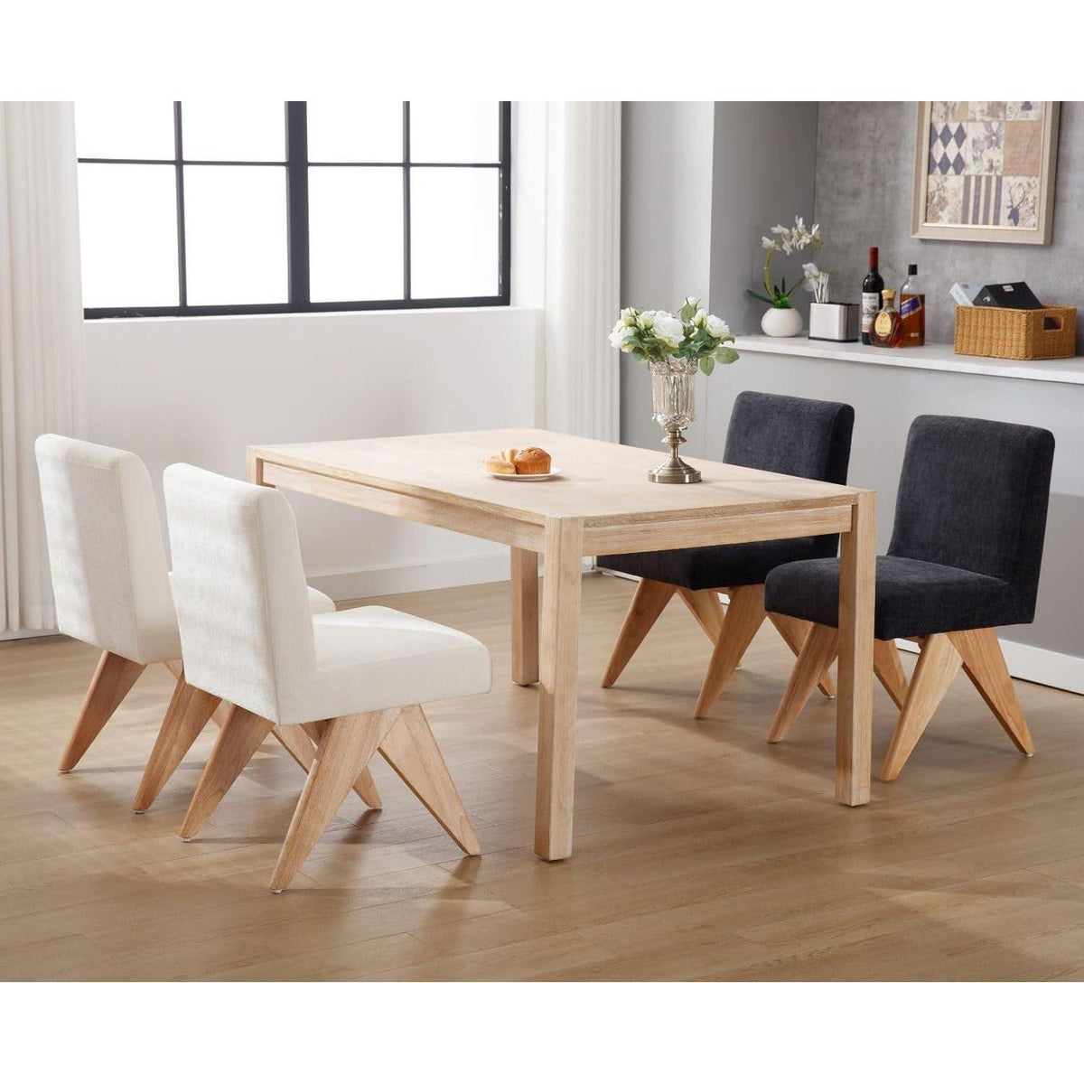 Chenille Esszimmerstühle 2er Set mit Holzbeinen – Beige
