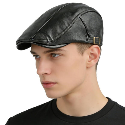 Schiebermütze Herren – Verstellbare Newsboy Cap Schwarz M-L in Lederoptik