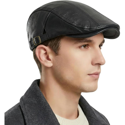 Schiebermütze Herren – Verstellbare Newsboy Cap Schwarz M-L in Lederoptik