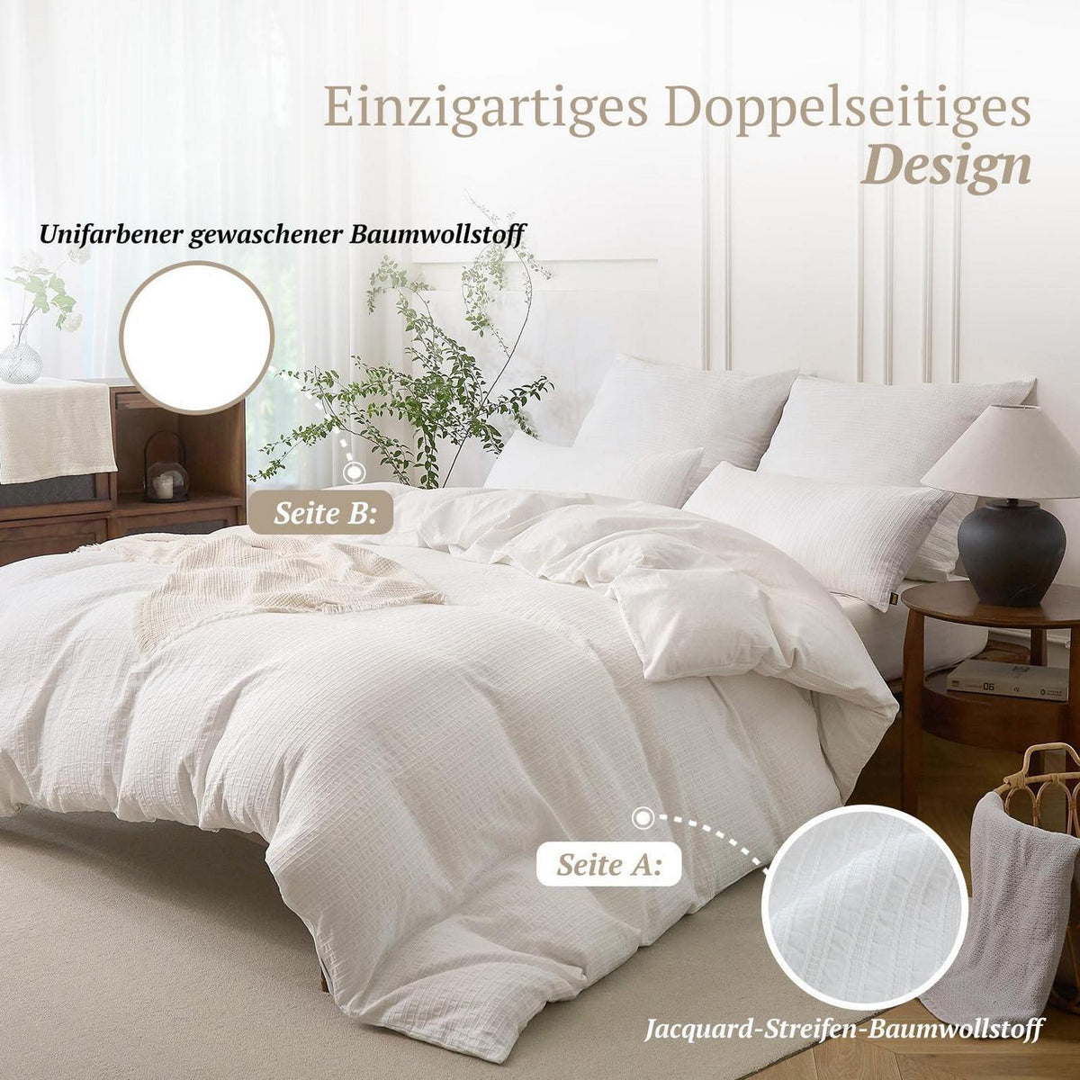 Bettwäsche-Set 135x200 Baumwolle Gestreift Weiß 4tlg.