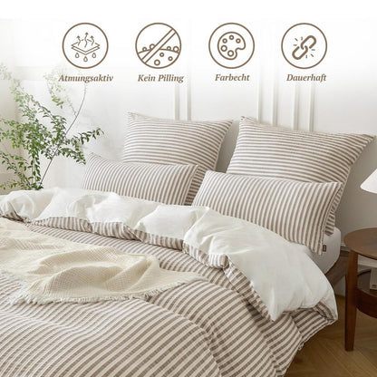 Bettwäsche-Set 135x200 Baumwolle Gestreift Braun & Weiß 4tlg.