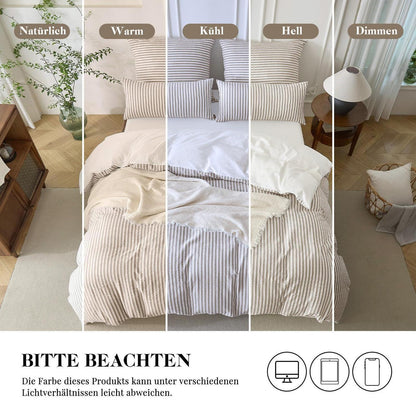 Bettwäsche-Set 135x200 Baumwolle Gestreift Braun & Weiß 4tlg.