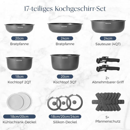 17-teiliges Topfset mit abnehmbarem Griff & Antihaftbeschichtung